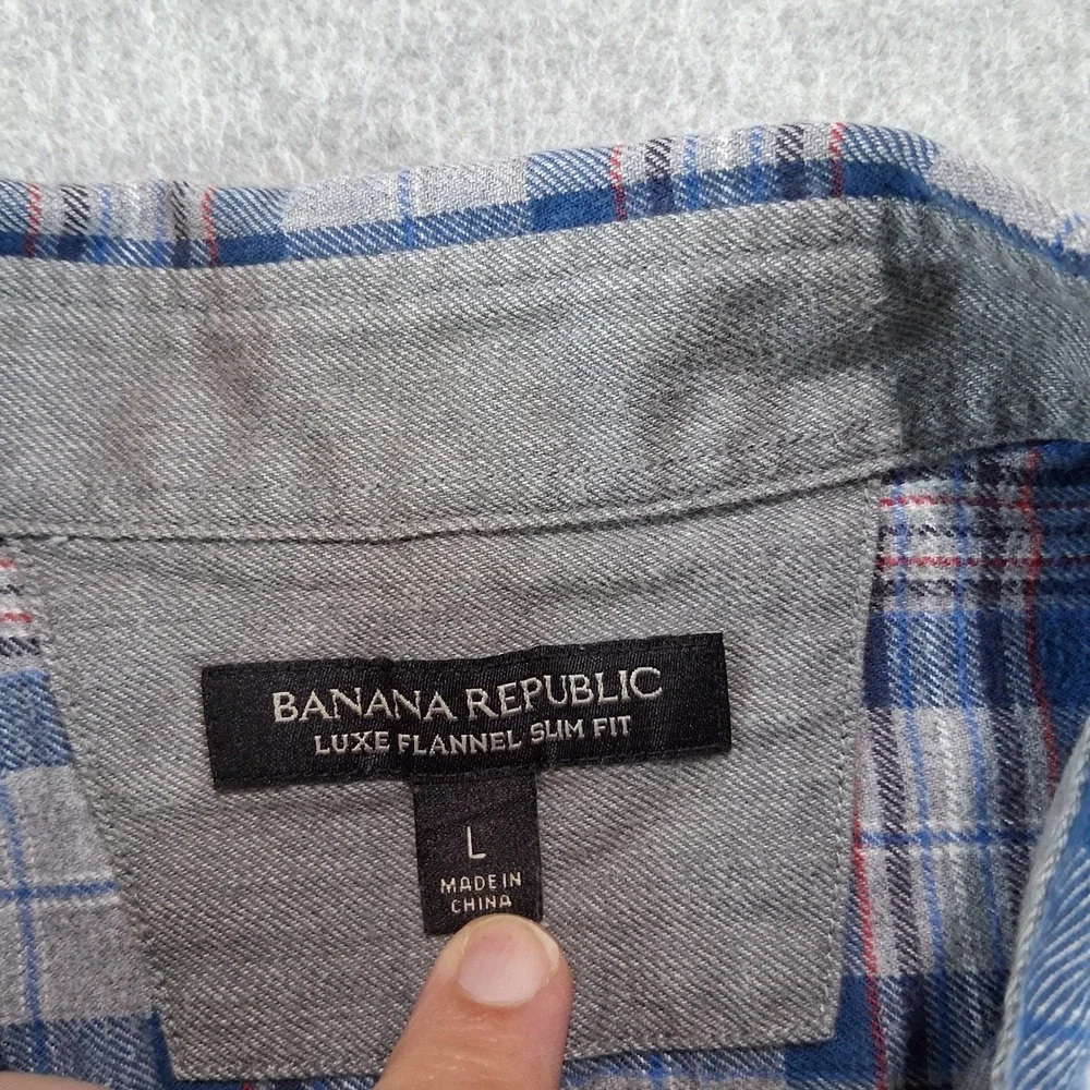 Banana Republic Luxe Flannel Shirt Mens Large Blue Gray Plaid Slim Fit Soft